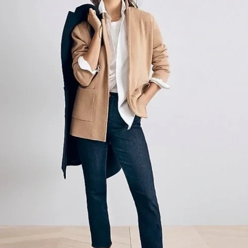 J Crew 100% Merino Wool Sweater Blazer Womens XS Camel Winter Layer Minimalist